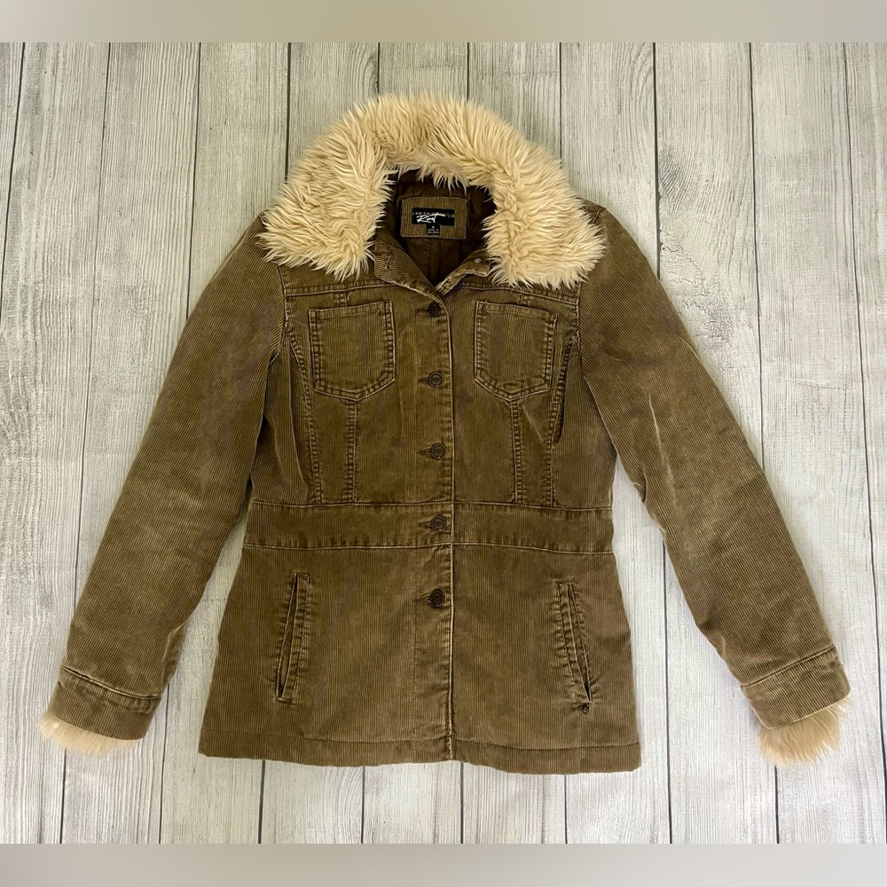 Black Rivet Corduroy Jacket with Faux Fur Collar